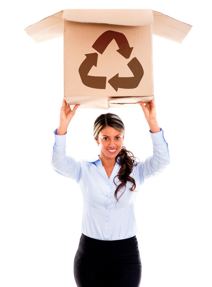 Woman with a recycling cardboard box - isolated over white